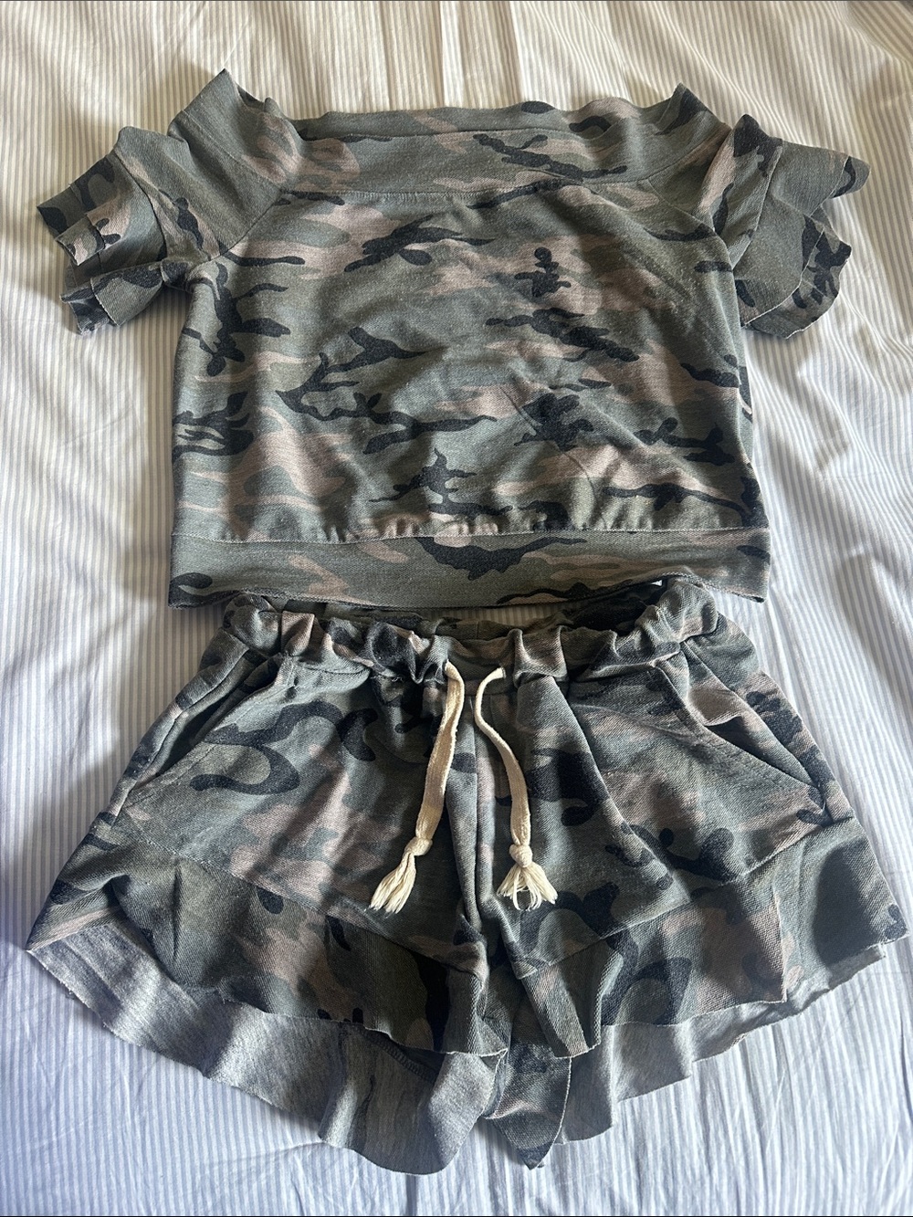 Camo Two-Piece Lounge Set - Short Sleeve Crop Top & Drawstring Shorts